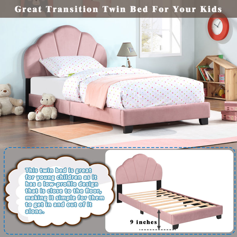 Upholstered Twin Size Platform Bed For Kids Wooden Bed Frame With Slatted Bed Base No Box Spring Needed Cute Bed Frame With Shell Design Headboard - Pink