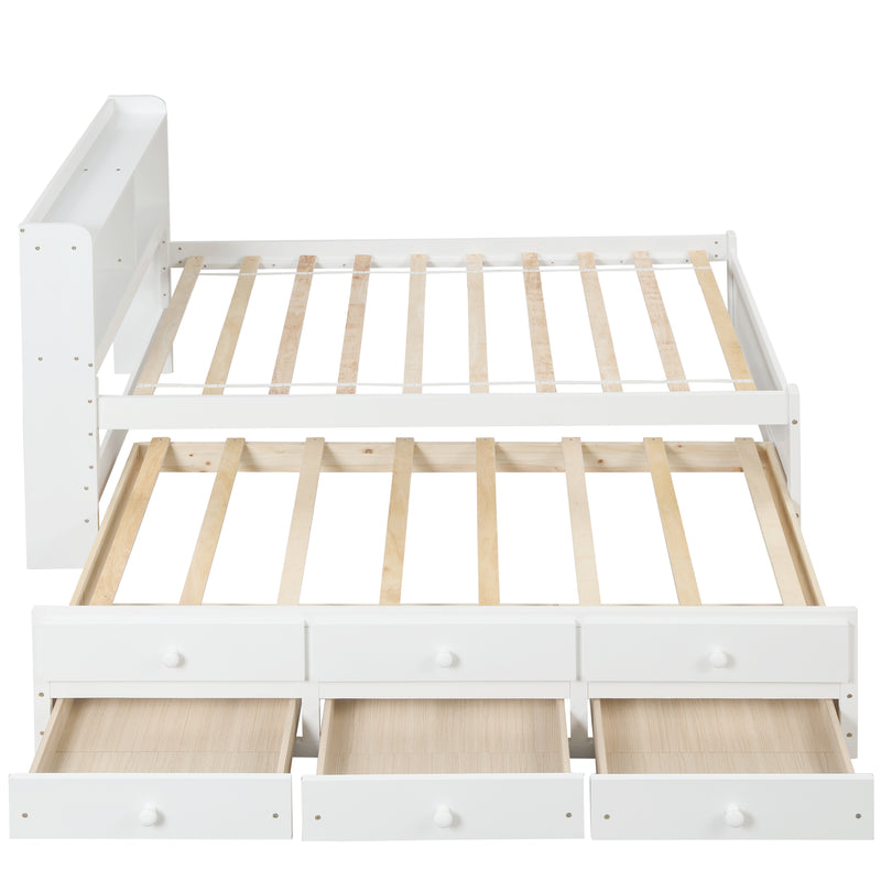 Twin Bed with Bookcase,Twin Trundle,Drawers,White