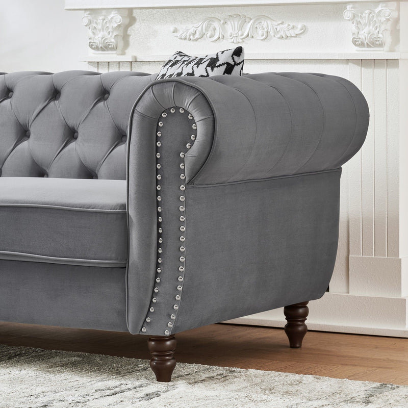 Chesterfield Velvet Upholstery Fabric Sofa With Roll Armrest & Nailhead