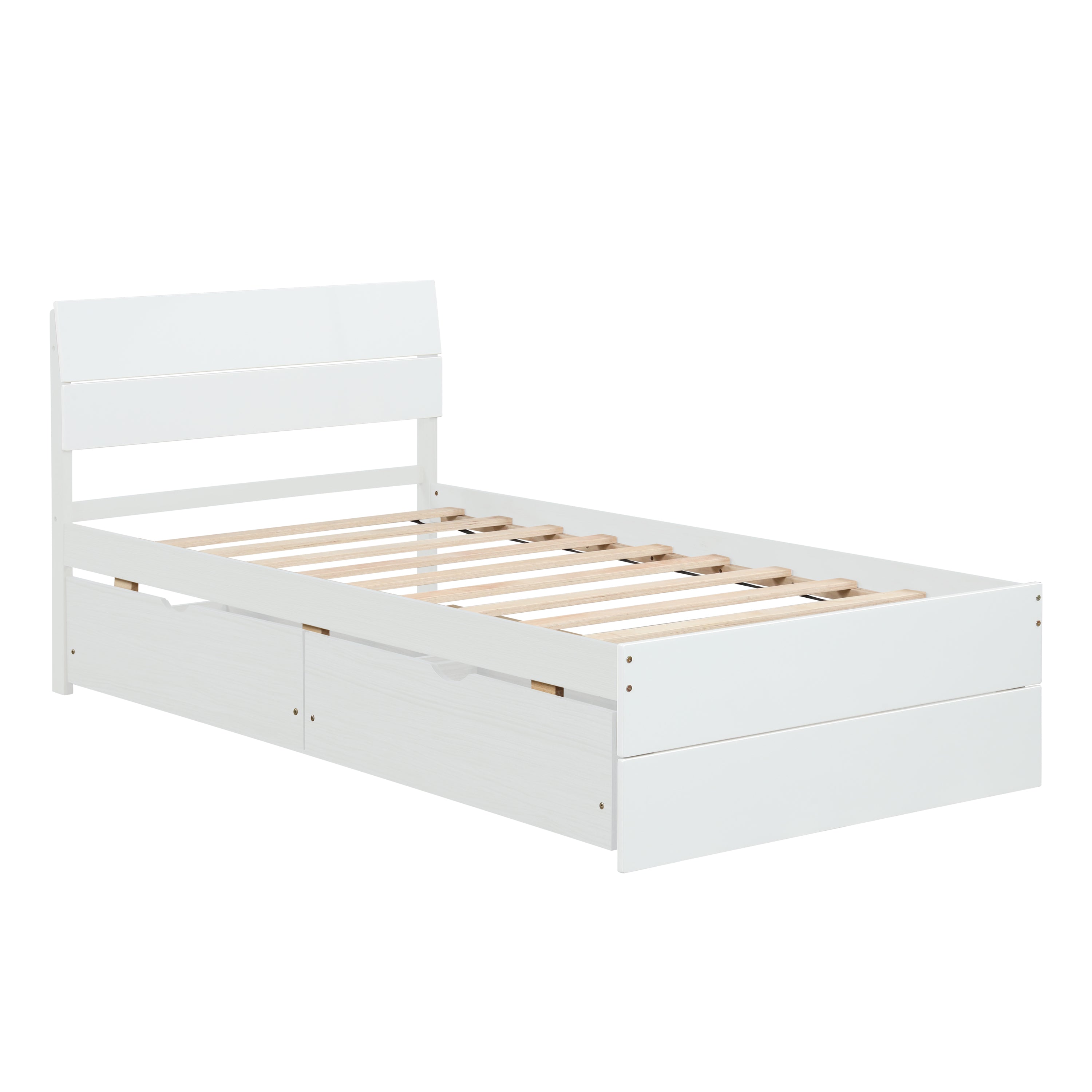Modern Twin Bed Frame With 2 Drawers For White High Gloss Headboard and Footboard With Washed White Color