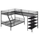 L-Shaped Twin Over Full Bunk Bed And Twin Loft Bed With 4 Built In Shelves - Black
