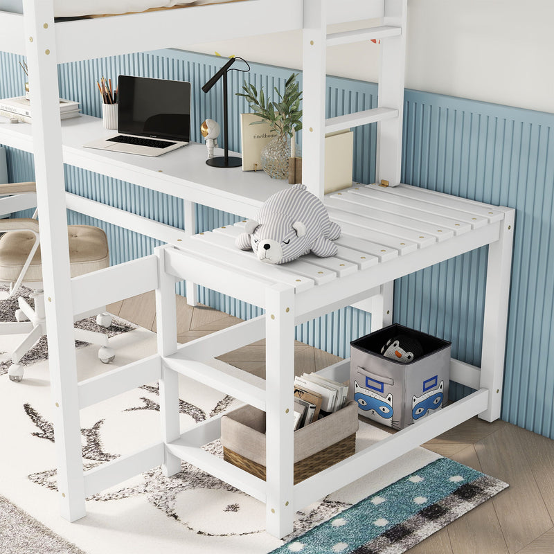 Loft Bed With Built-In Desk, Ladder Platform, Ladders, Guardrails