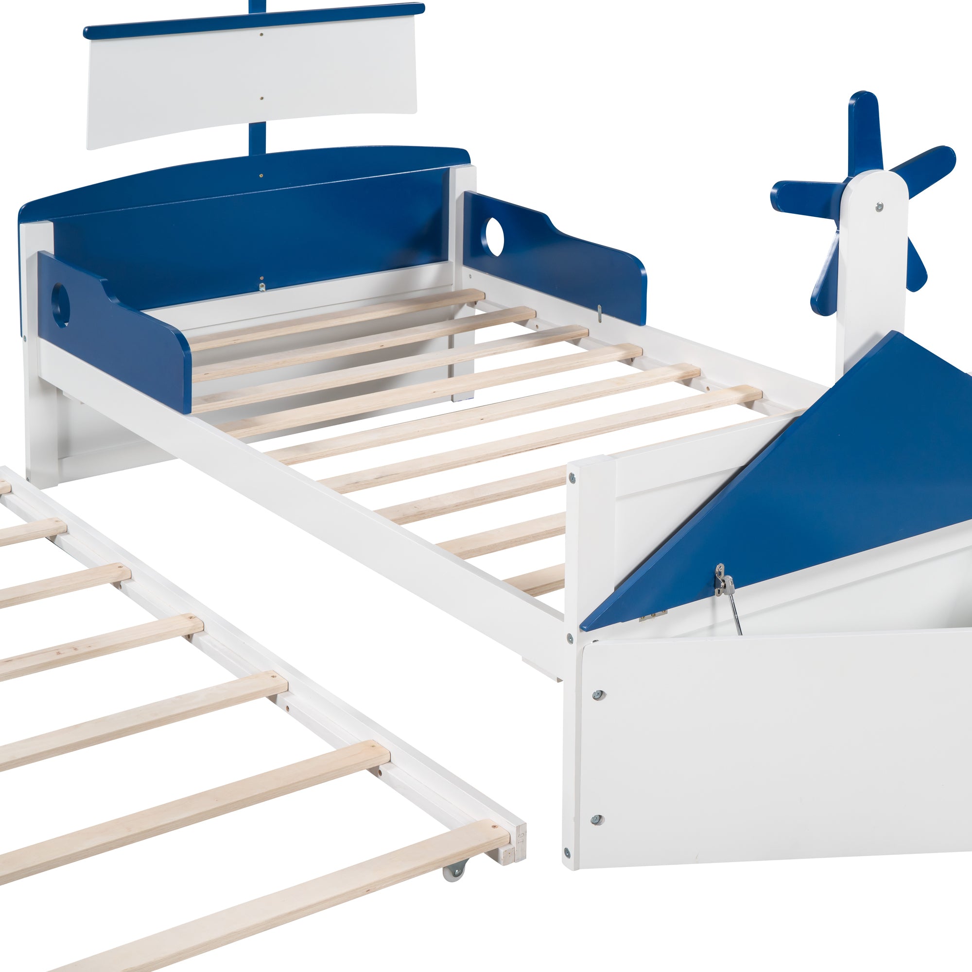 3-Pieces Bedroom Sets,Twin Size Boat-Shaped Platform Bed with  Trundle and Two Nightstands,White+Blue - Atlantic Fine Furniture Melbourne FL