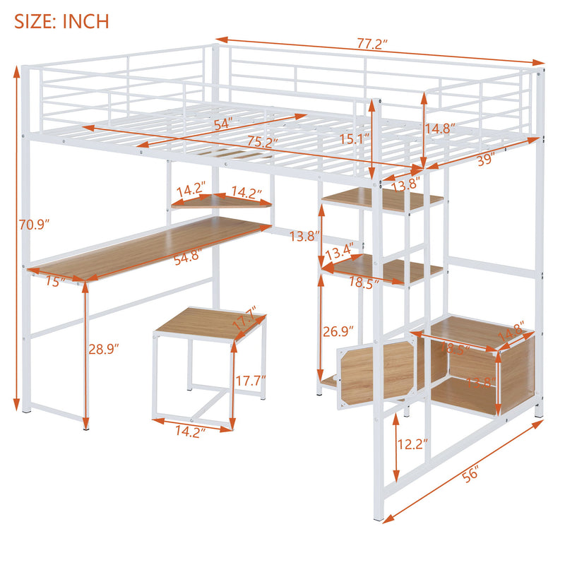 Full Size Loft Bed With Desk And Stool, With Open Style Wardrobe, Shelves And Cabinet - White