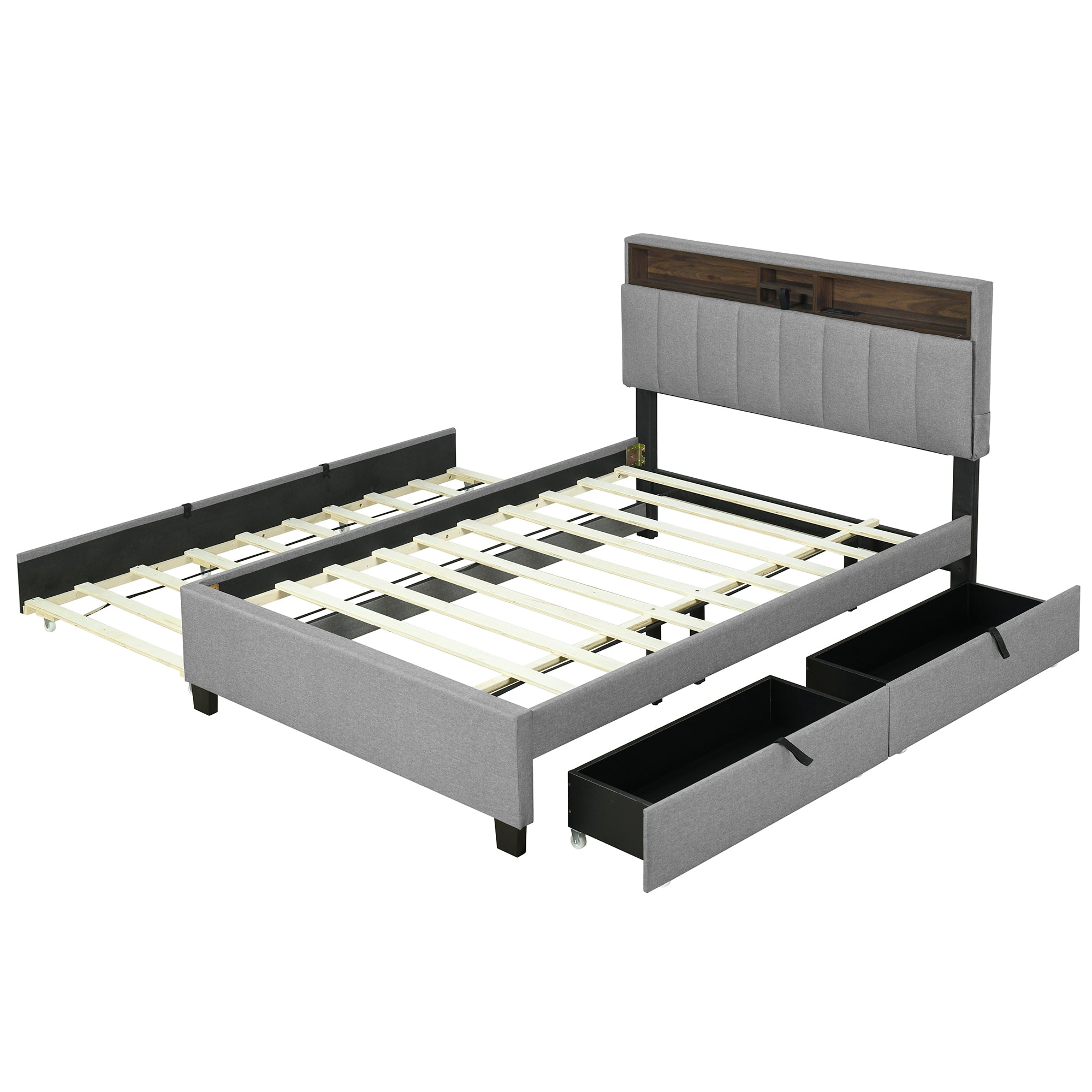 Full size Upholstered Platform Bed with Storage Headboard, Twin Size Trundle & 2 drawers and a set of Sockets & USB Ports, Linen Fabric, Gray - Atlantic Fine Furniture Melbourne FL