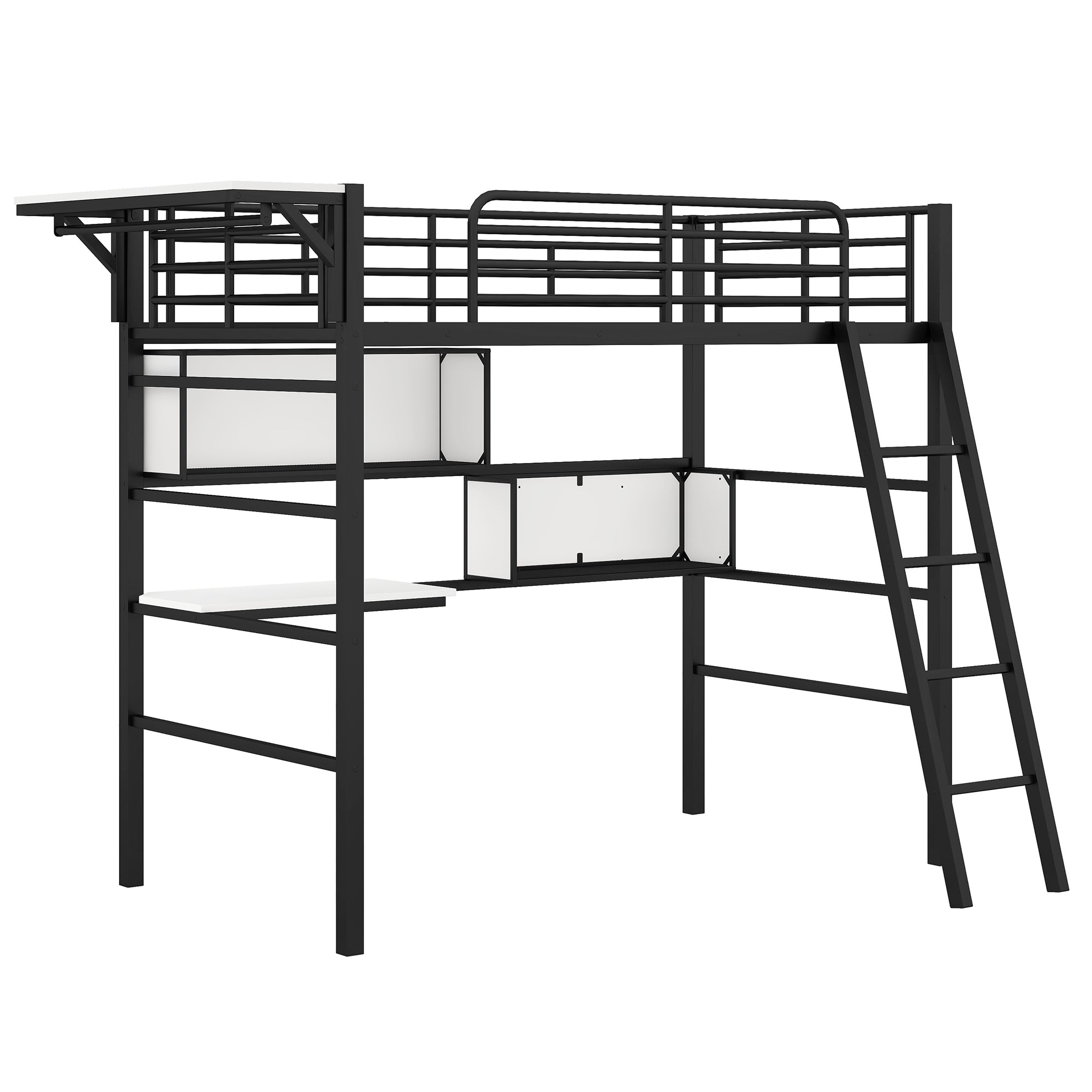 Twin Size Metal Loft Bed with 2 Shelves, a desk and a Hanging Clothes Rack, Black and White - Atlantic Fine Furniture Melbourne FL
