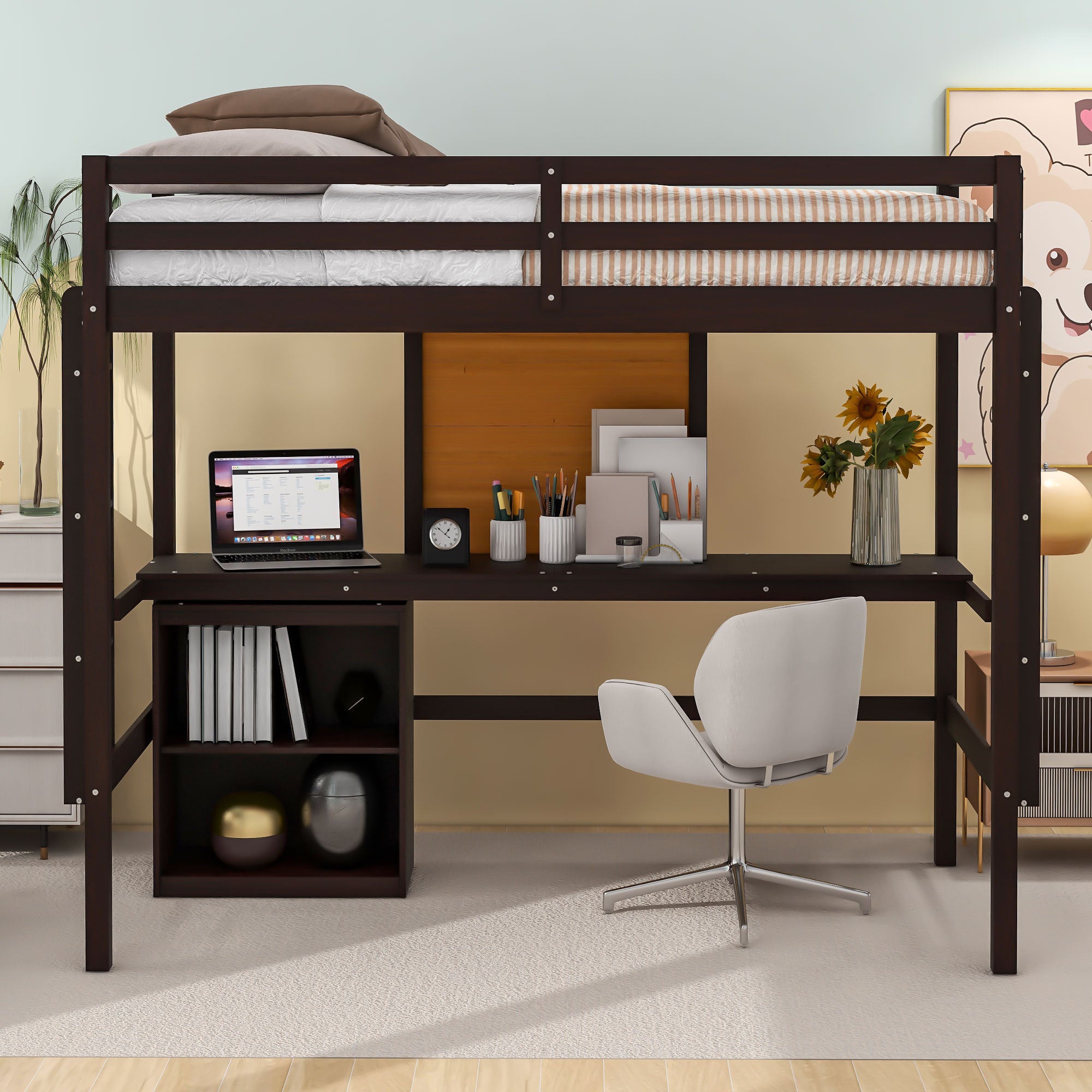 Twin size Loft Bed with Desk and Writing Board, Wooden Loft Bed with Desk & 2 Drawers Cabinet- Espresso - Atlantic Fine Furniture Melbourne FL