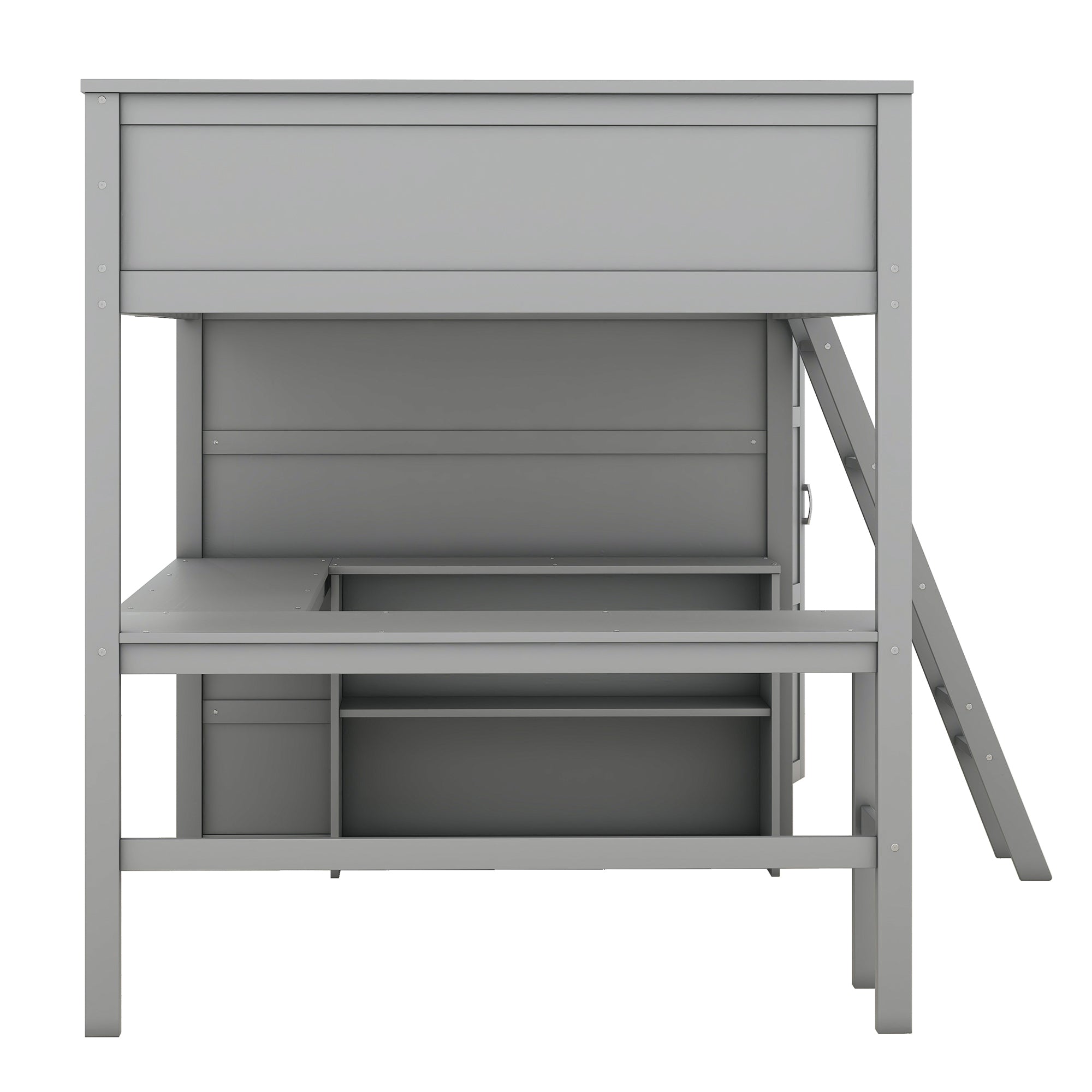 Full size Loft Bed with Desk, Shelves and Wardrobe-Gray