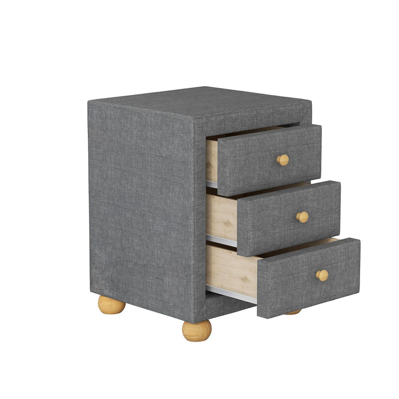 Modern Upholstered Storage Nightstand With 3 Drawers, Natural Wood Knobs, Dark Gray