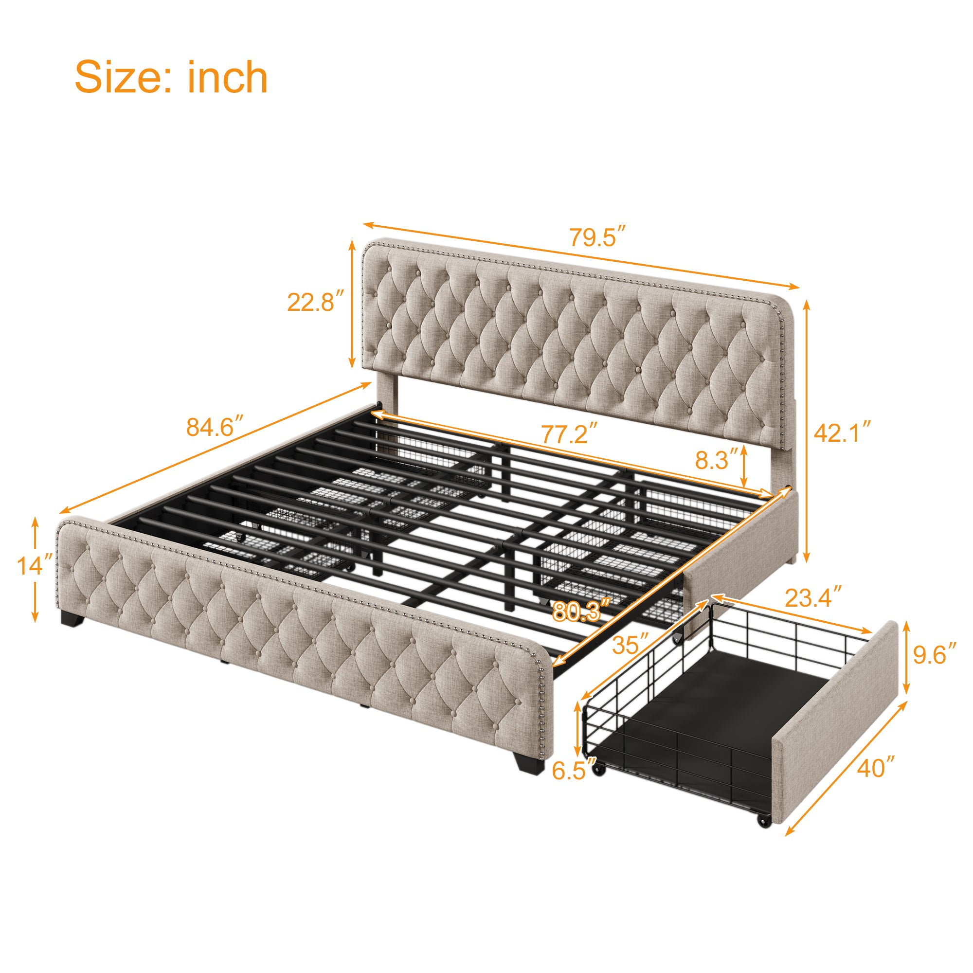 Upholstered Platform Bed Frame with Four Drawers, Button Tufted Headboard and Footboard Sturdy Metal Support, No Box Spring Required, Beige, King (Old sku:BS300277AAA) - Atlantic Fine Furniture Melbourne FL