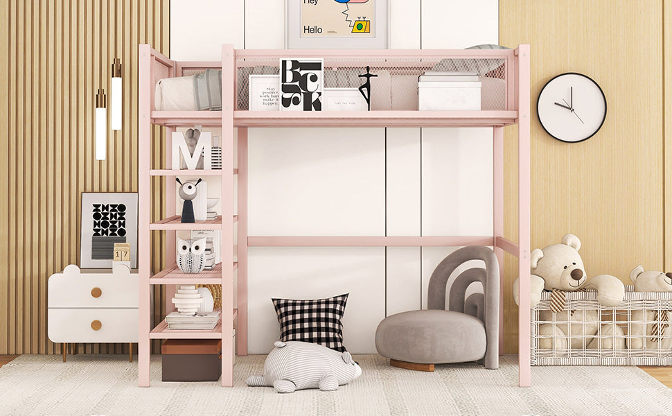 Twin Size Metal Loft Bed with 4-Tier Shelves and Storage, Pink - Atlantic Fine Furniture Melbourne FL