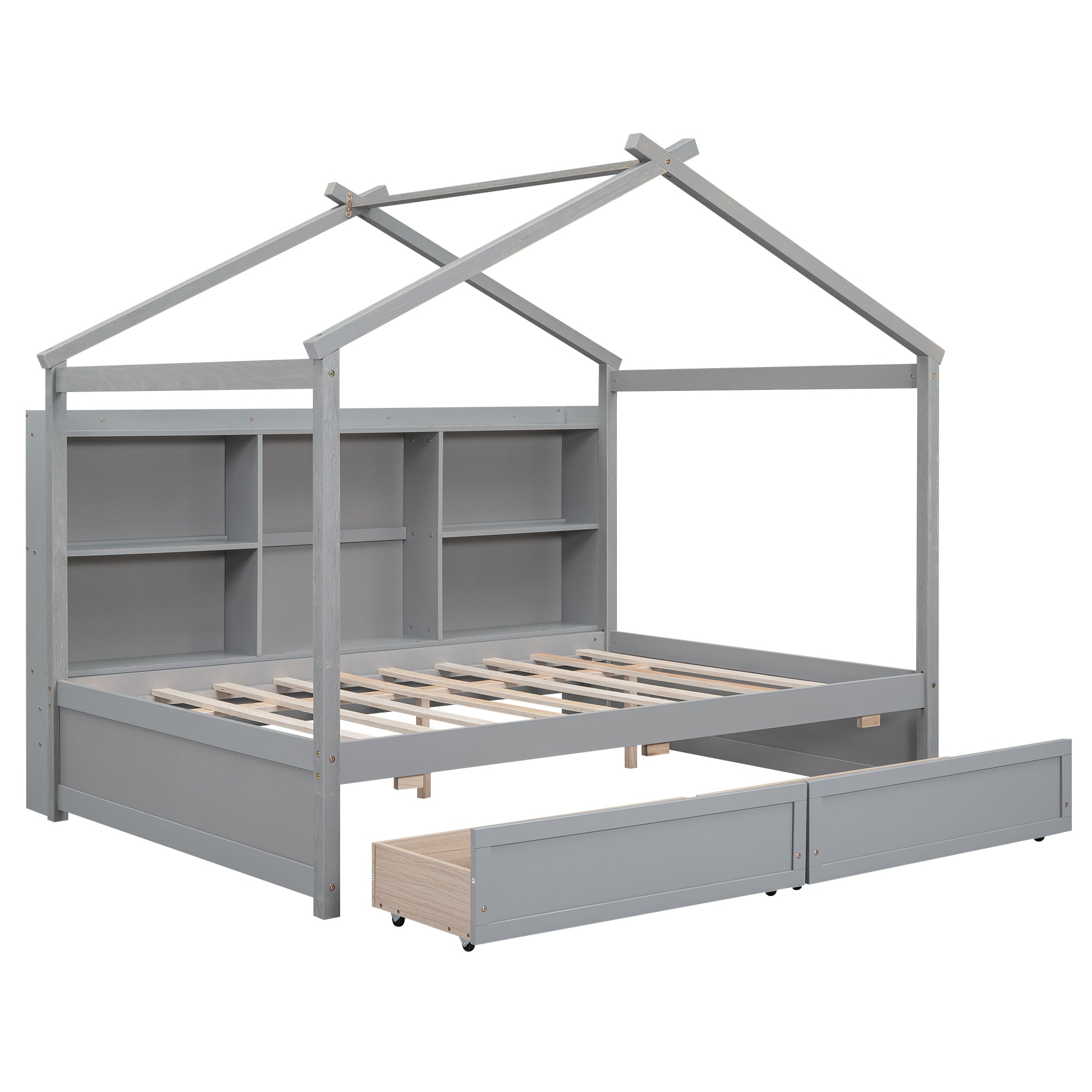 Full Size House Bed with Storage Shelves and 2 Drawers, Brushed Gray - Atlantic Fine Furniture Melbourne FL