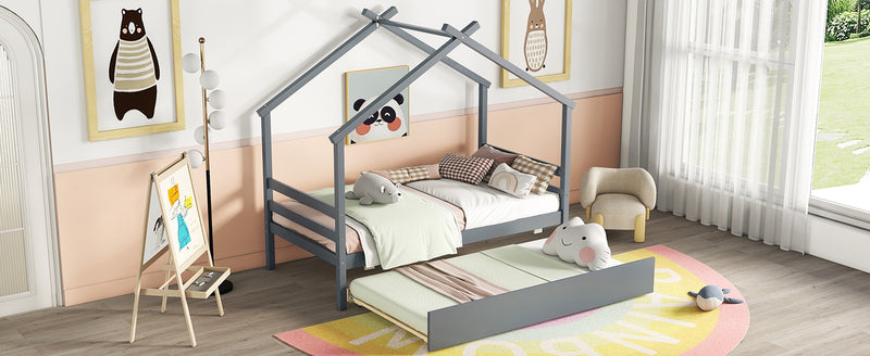 Twin Size  House-shaped Bed with Trundle,Grey