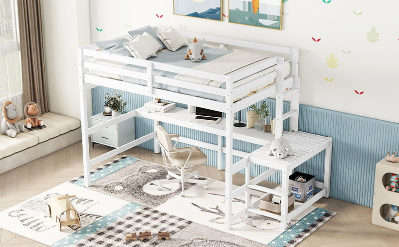 Loft Bed With Built-In Desk, Ladder Platform, Ladders, Guardrails