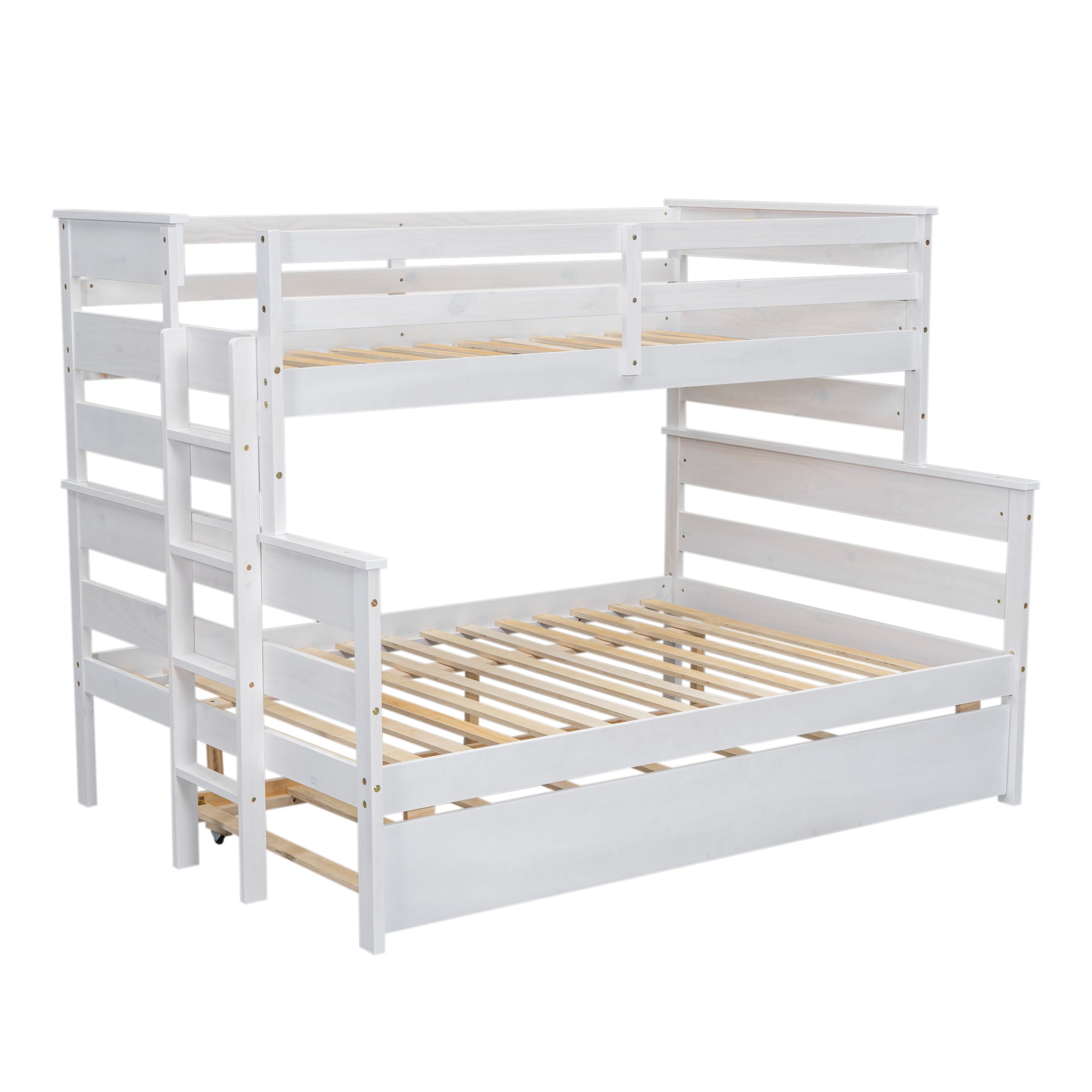 Wood Twin over Full Bunk Bed with Twin Size Trundle, White