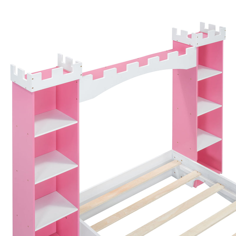 Castle Shaped Bed With Storage Shelf, Dreamy Platform Bed For Kids Bedroom