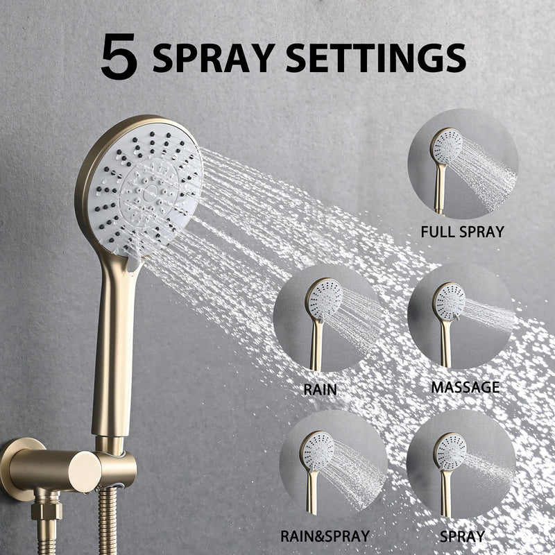 Wall Mounted Shower System With High Pressure Rain Shower Head & 5 Function Handheld - Brushed Gold