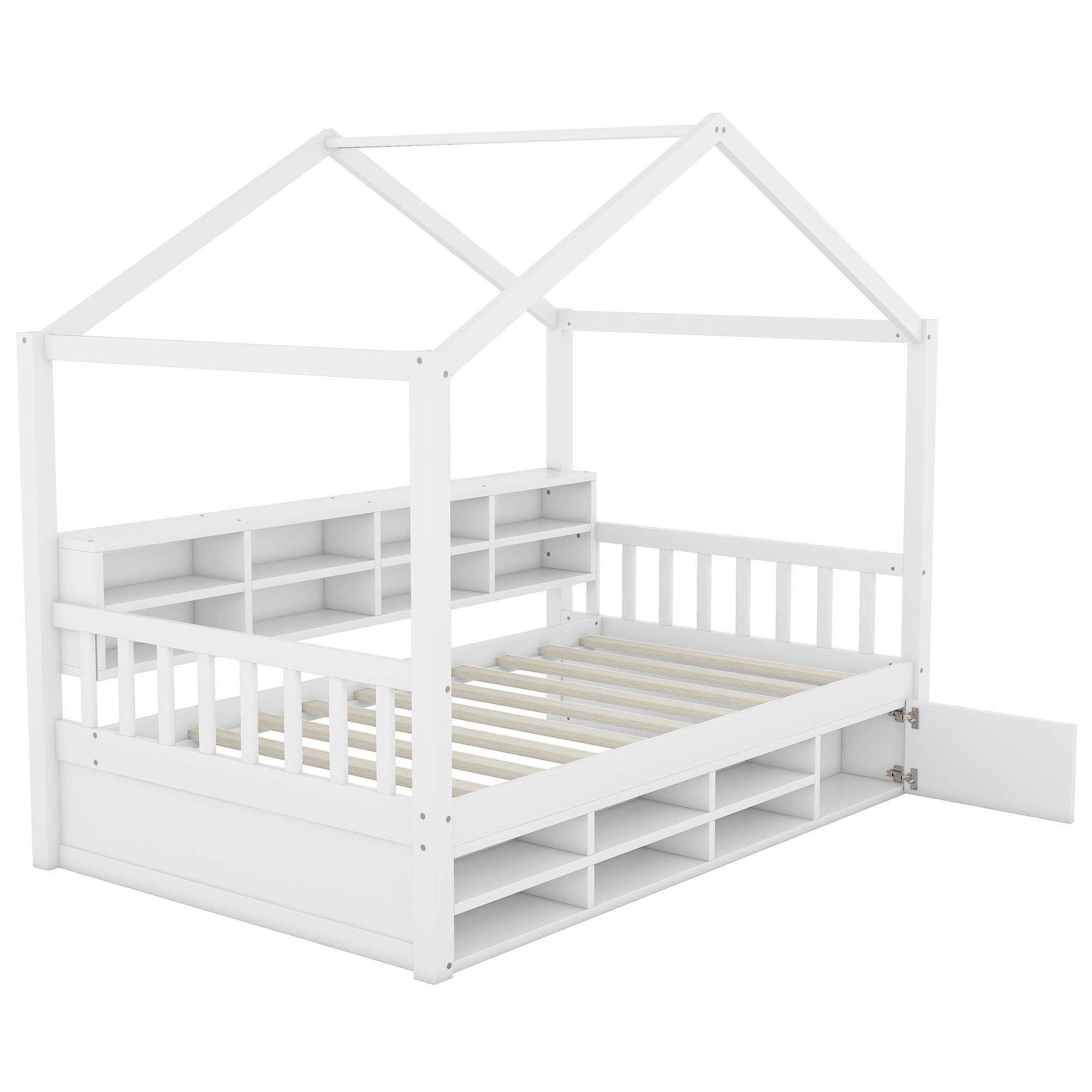 Twin Size Wooden House Bed with Shelves and a Mini-cabinet, White - Atlantic Fine Furniture Melbourne FL