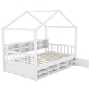 Twin Size Wooden House Bed with Shelves and a Mini-cabinet, White