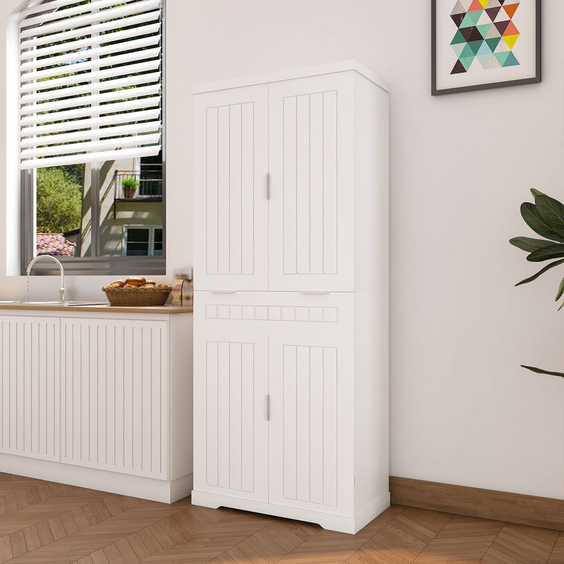 Farmhouse Style Pantry Cabinet With Drawer 2 Cabinets & 6 Door Shelves Adjustable Shelves Freestanding Cupboard - White