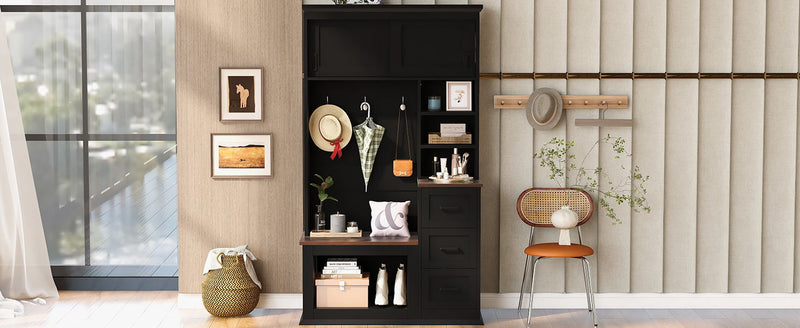 Modern Wide Hall Tree With Coat Rack, 3 Shelves And Drawers, 3 Sturdy Hooks