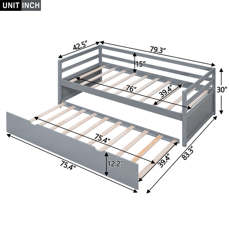 Twin Size Wood Daybed with Twin Size Trundle, Gray