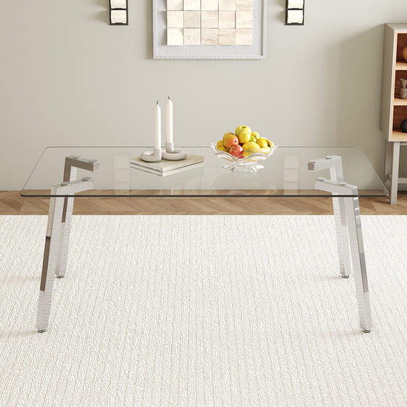 Minimalist Rectangular Dining Table With Transparent Glass Top And Metal Legs