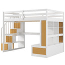 Full Size Loft Bed With Desk And Shelves, 2 Built In Drawers, Storage Staircase - Natural / White
