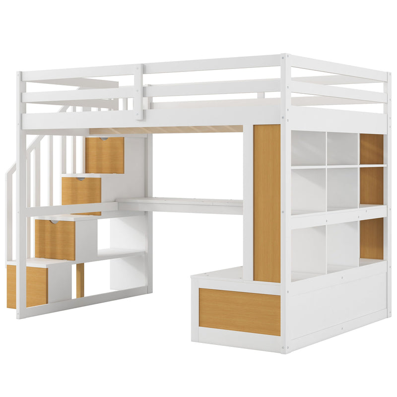 Full Size Loft Bed With Desk And Shelves, 2 Built In Drawers, Storage Staircase - Natural / White