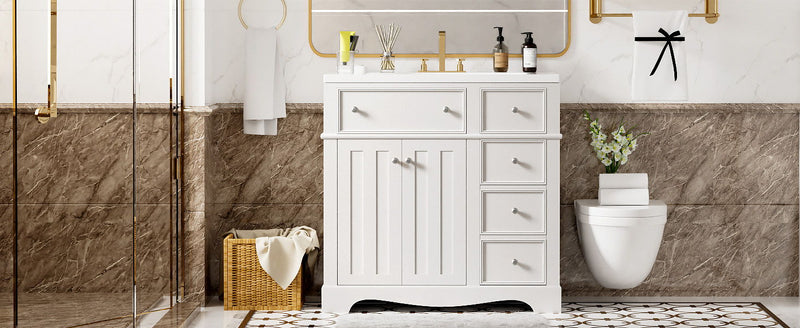 Bathroom Vanity With Resin Sink Combo, Frame Bathroom Storage Cabinet, Freestanding Vanity Set With 3 Drawers & Adjustable Shelf - White
