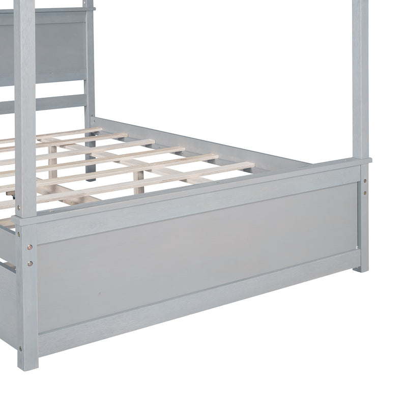 Wood Canopy Bed with Trundle Bed ,Full Size Canopy Platform bed With  Support Slats .No Box Spring Needed, Brushed Gray