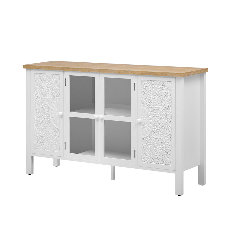 Retro TV Stand With 3 Spacious Cabinets, Glass Cabinet Doors And Anti-Tip Device