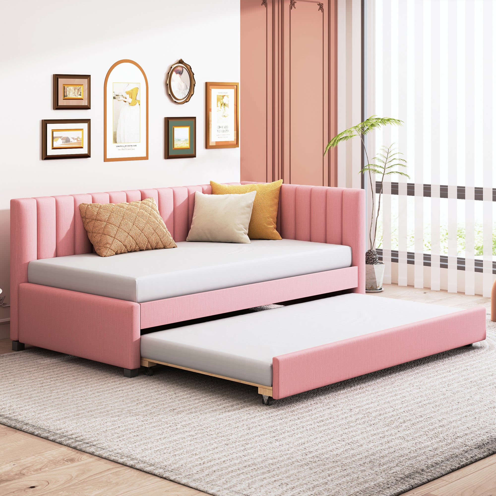 Upholstered Daybed with Trundle Twin Size Sofa Bed Frame No Box Spring Needed, Linen Fabric(Pink) - Atlantic Fine Furniture Melbourne FL