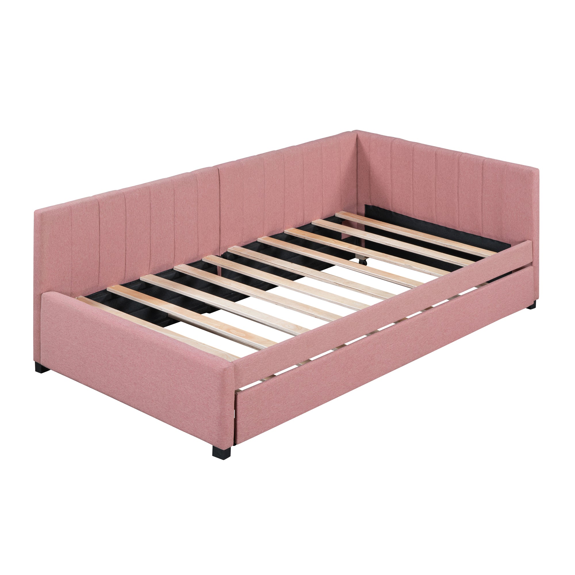 Upholstered Daybed with Trundle Twin Size Sofa Bed Frame No Box Spring Needed, Linen Fabric(Pink) - Atlantic Fine Furniture Melbourne FL