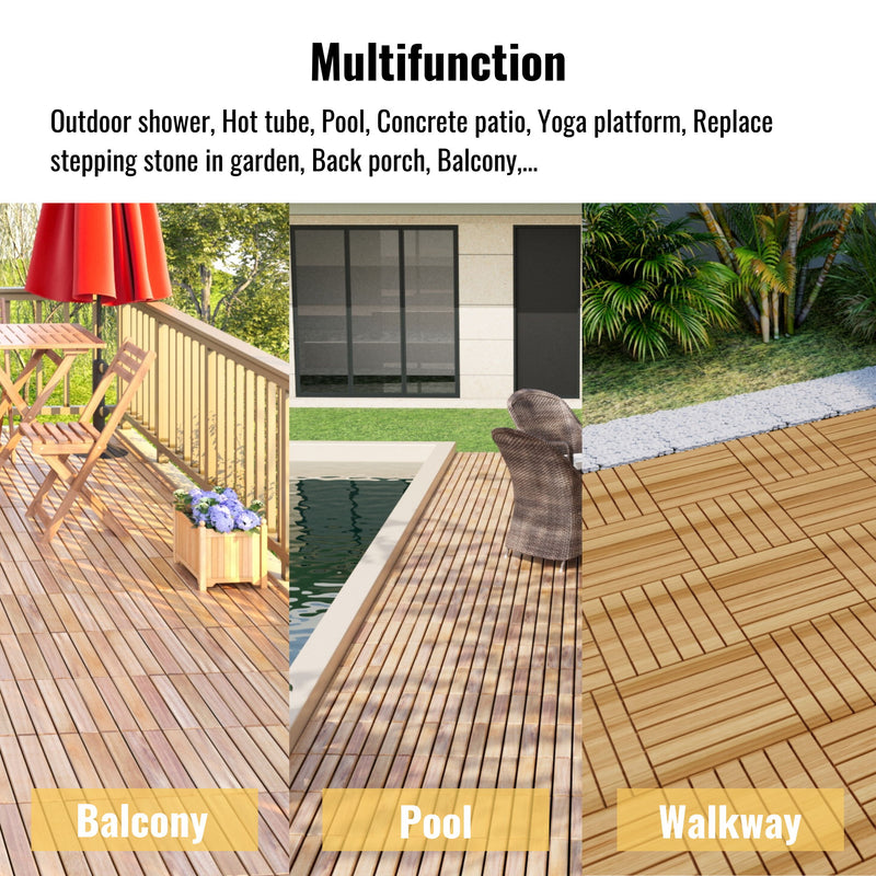 Interlocking Deck Tiles Striped Pattern, Square Acacia Hardwood Outdoor Flooring For Patio, Bancony, Pool Side