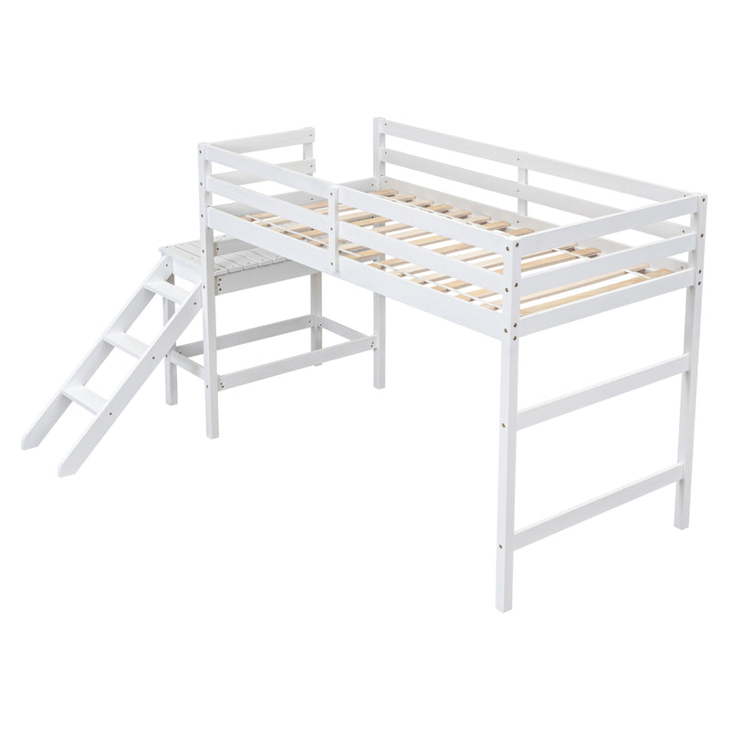 Twin Loft Bed with Platform, ladder,White