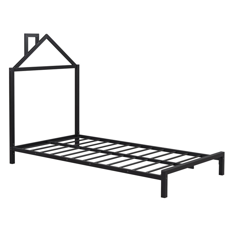 Twin Size Metal Platform Bed with House-Shaped Headboard Design, Black