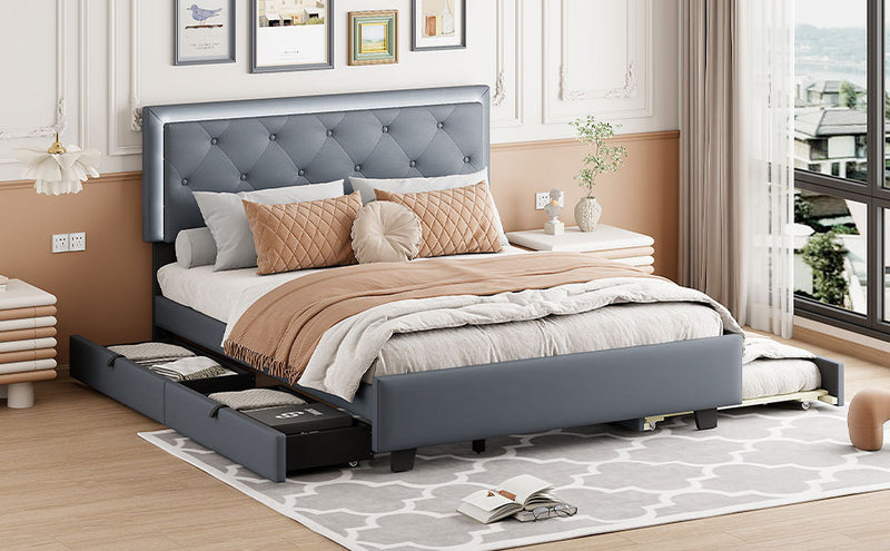 Queen Size  Velvet Storage Platform Bed, with 2 Big Drawers, Twin XL Size Trundle and LED Light, Gray