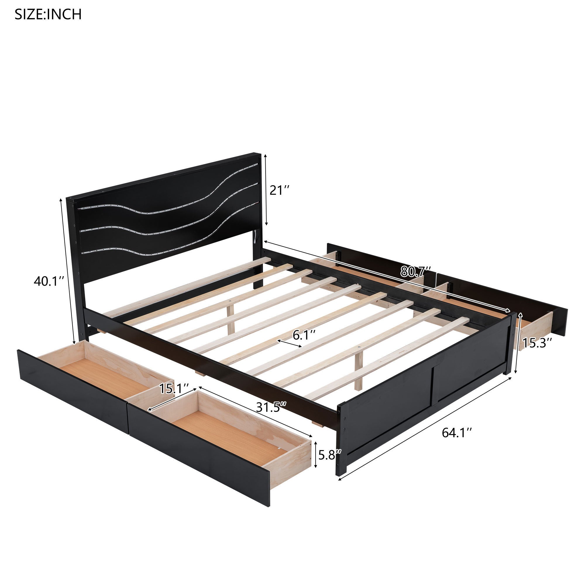 Queen Size Wood Storage Platform Bed with LED and 4 Drawers, Black - Atlantic Fine Furniture Melbourne FL