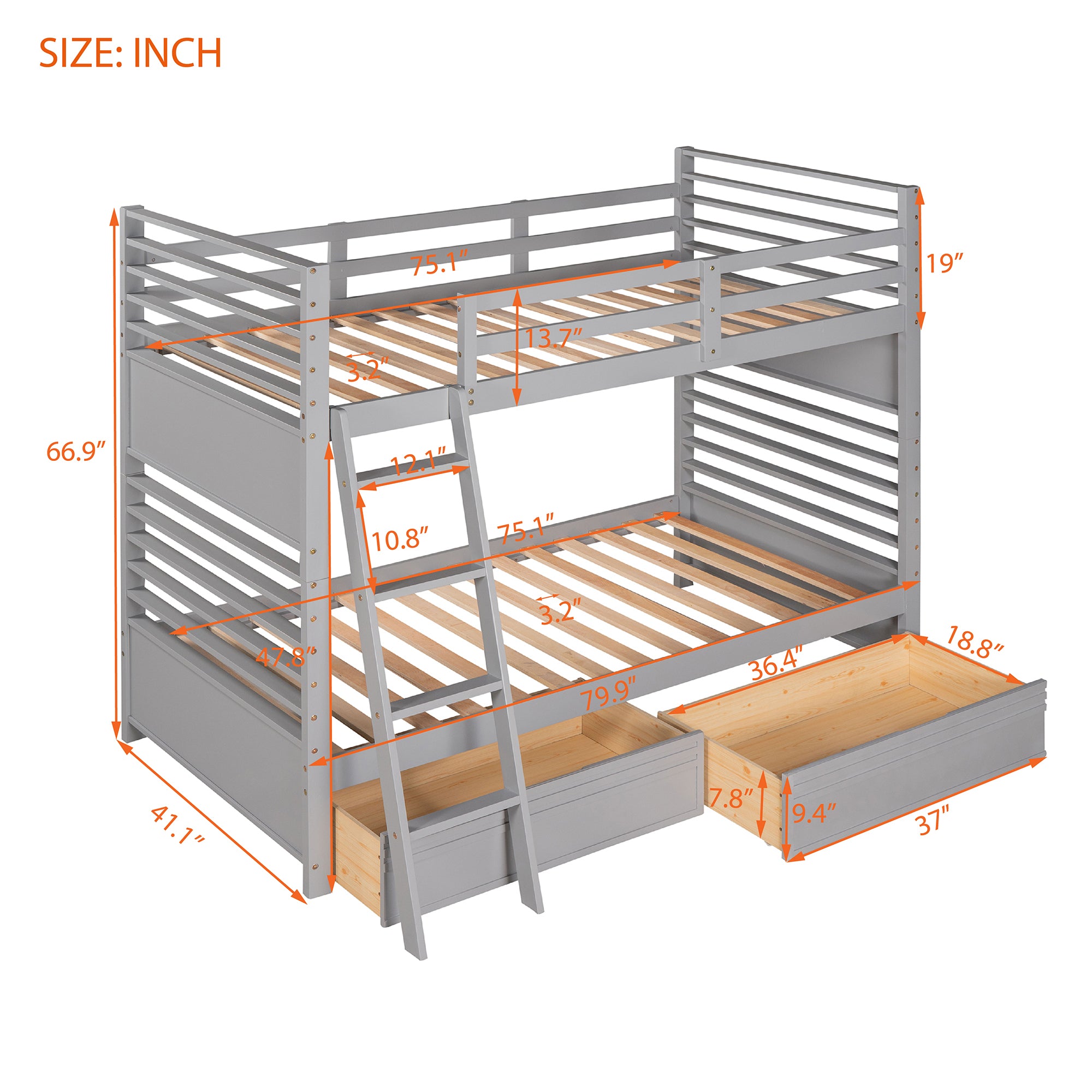Twin over Twin Wood Bunk Bed with Two Drawers - Gray - Atlantic Fine Furniture Melbourne FL