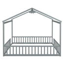 Double Twin House-Style Floor Bed with Fence, Guardrails, without door, Grey