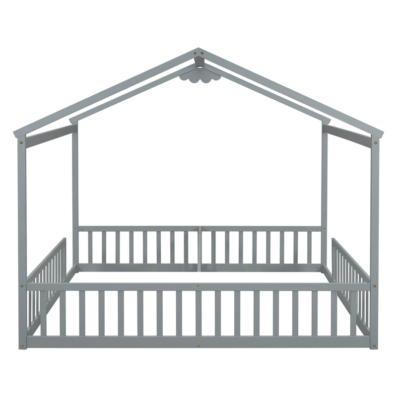 Double Twin House-Style Floor Bed with Fence, Guardrails, without door, Grey