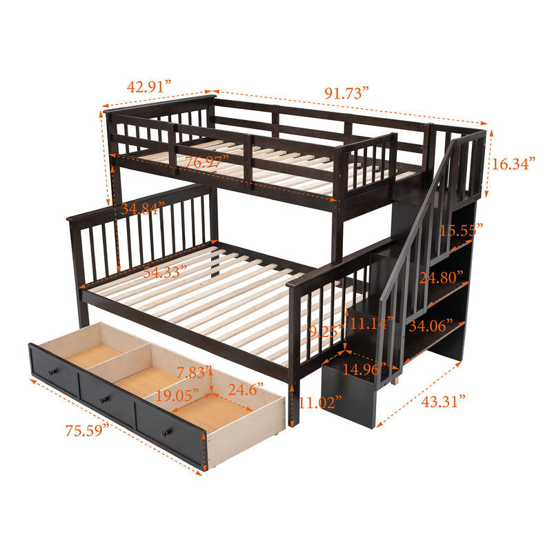 Twin Over Full Stairway Bunk Bed With Drawer, Storage And Guard Rail For Bedroom, Dorm, For Adults