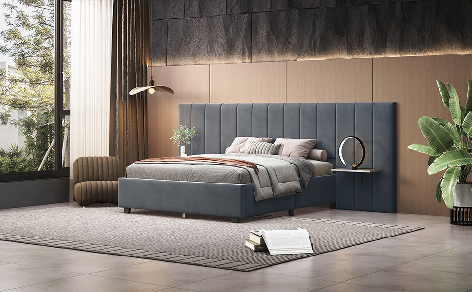 Queen Size Upholstered Platform Bed with Big Headboard, Bedroom Furniture, Velvet, Gray - Atlantic Fine Furniture Melbourne FL
