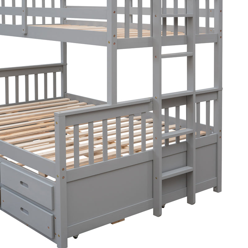 Twin-Over-Full Bunk Bed with Twin size Trundle , Separable Bunk Bed with Drawers for Bedroom - Gray