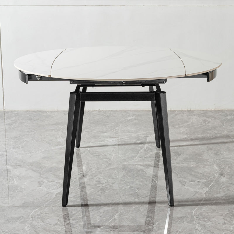 Modern Extendable Round Dining Table With Sintered Stone Top - White / Black