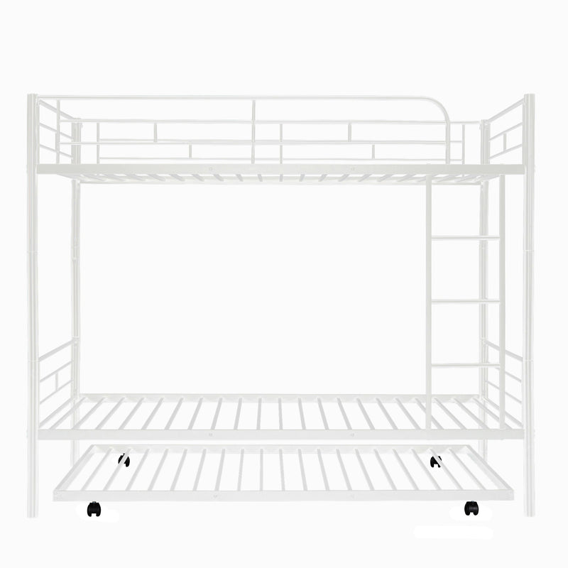 Twin Over Twin Metal Bunk Bed With Trundle, Can Be Divided Into Two Beds, No Box Spring Needed - White