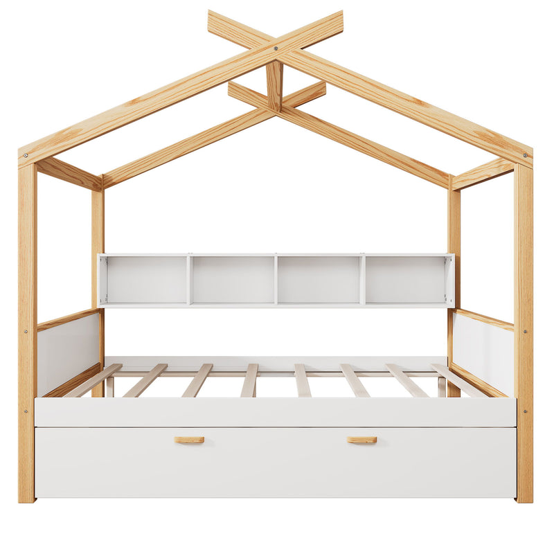 Full Size Wooden House Bed Original Wood Colored Frame With Two Drawers And Bookshelf Storage Space For Children Or Guest Room - White