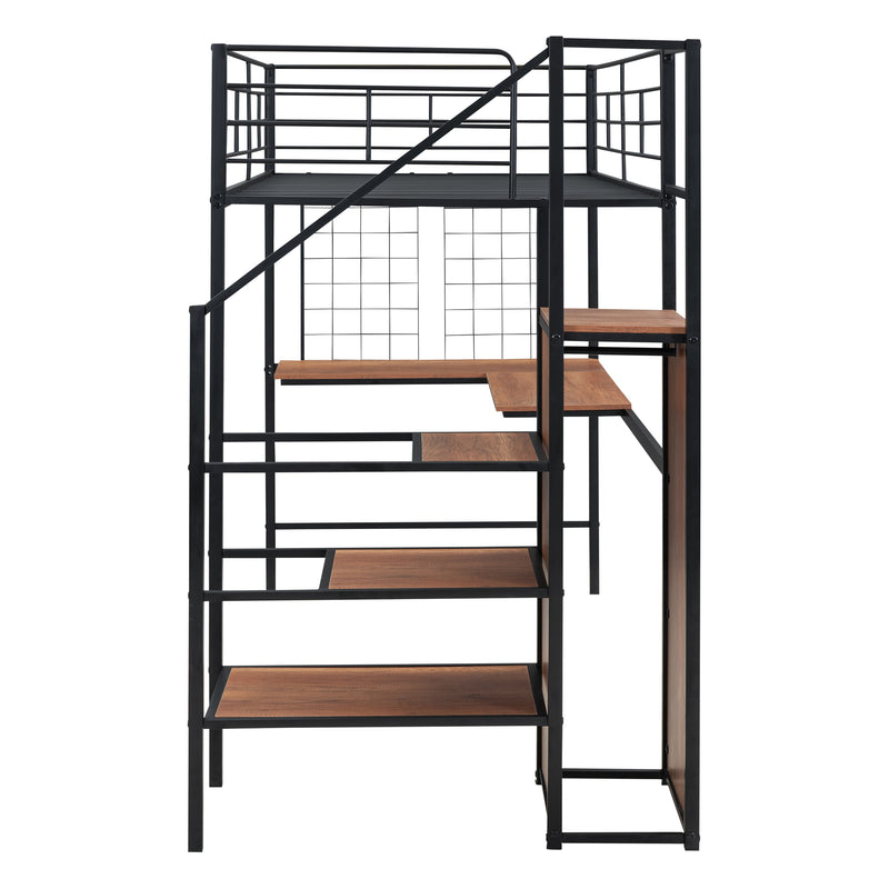 Twin Size Metal Loft Bed with Desk and Metal Grid, Stylish Metal Frame Bed with Lateral Storage Ladder and Wardrobe, Black