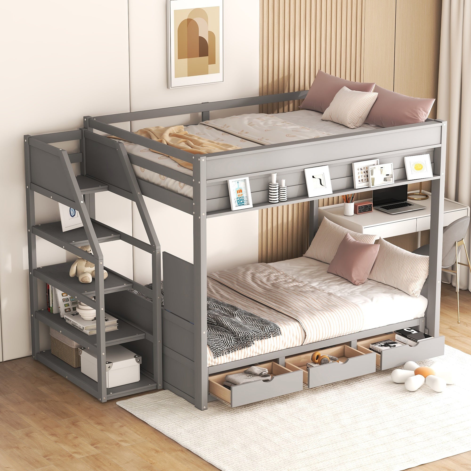 Wood Full Size Convertible Bunk Bed with Storage Staircase, Bedside Table, and 3 Drawers, Gray - Atlantic Fine Furniture Melbourne FL